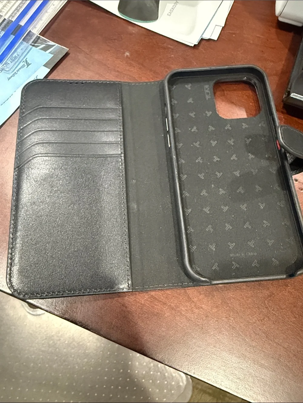 Tumi Black Leather Folio Phone Case with Snap Closure - IPhone 13 Pro Max